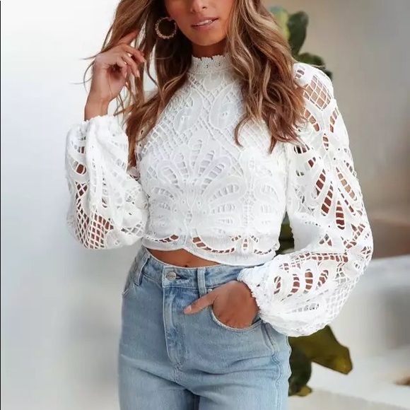 White Lace Lotus Ballon Sleeve Crochet Cut Top - Picture 3 of 6